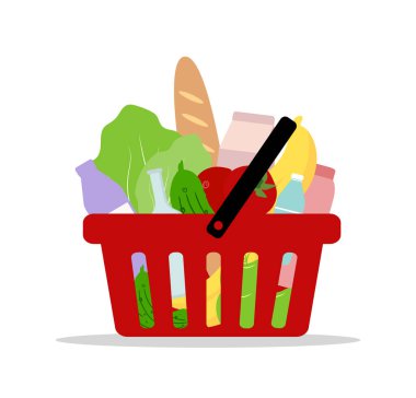 Alışveriş arabası. Kırmızı sepetin içindeki gıda ürünleri. Market teslimatı. Düz çizgi film tarzında modern vektör illüstrasyonu