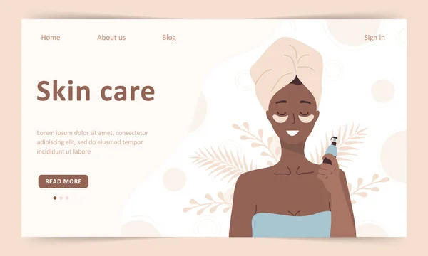 Bőrápolási koncepció. Leszállási oldal sablon. Afrikai nő kozmetikai spa eljárások arc. Reggeli rutin. Szemtapasz és krém. Biotermékek. Vektor illusztráció lapos rajzfilm stílusban — Stock Vector