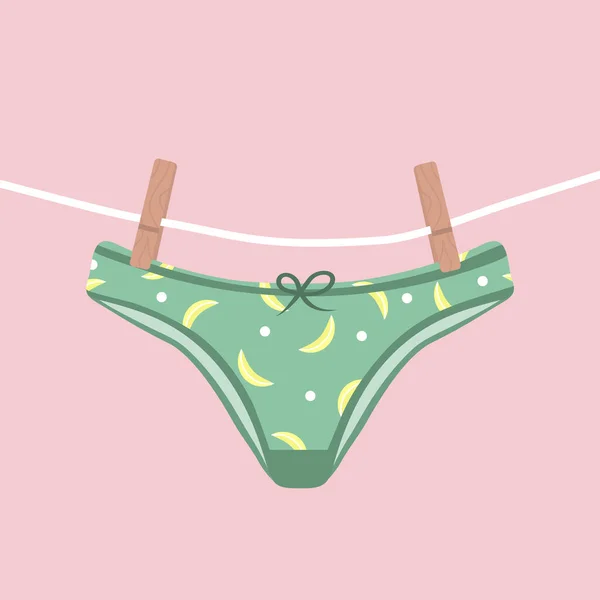 Modern female panties dried on a rope. Cute colorful knickers after washing. Trendy undergarments. Vintage vector illustration in flat cartoon style. Suitable for logo, icon, banner — Stock Vector