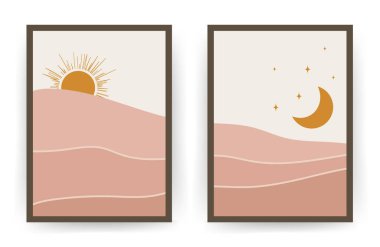 Soyut estetik ay ve güneş olan posterler. Boho manzaraları. Duvar kağıdı ve ev dekorasyonu için İskandinav tasarımı. Çağdaş geometrik arka planlar. Düz biçimli modern vektör illüstrasyonu