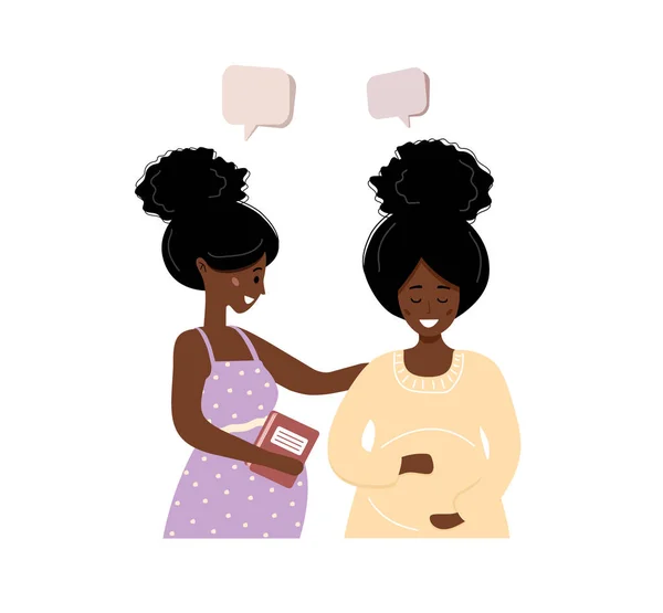 Une Africaine enceinte se parle. Les femmes d'affaires discutent des réseaux sociaux, discutent avec des bulles de dialogue, débattent des moments de travail. Illustration vectorielle moderne en style plat — Image vectorielle
