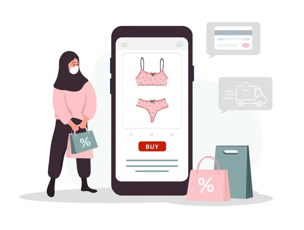 Compras en línea en el sitio web o aplicación móvil. Mujer islámica compra ropa interior moderna en la tienda de lencería en línea. El catálogo de productos en la página del navegador web. Ilustración vectorial en estilo plano de dibujos animados — Vector de stock