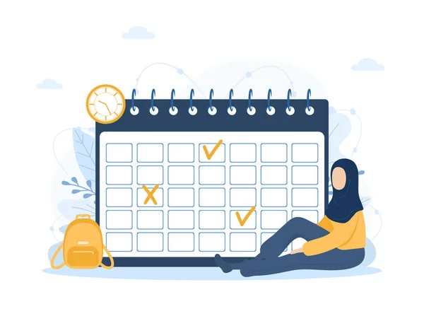 Planificación del mes o para hacer la lista de concepto. Mujer islámica en hiyab sentada cerca del calendario gigante. Programación de tareas, organización del proceso de trabajo. Ilustración vectorial en estilo plano de dibujos animados — Archivo Imágenes Vectoriales