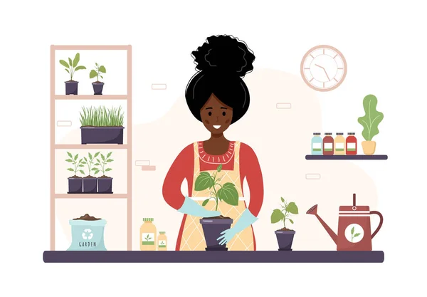 Посадка дома. Мультфильм Африканская женщина сажает саженцы в оранжерее. Садоводческое хобби. Векторная иллюстрация в плоском стиле. Концепция питомника и ухода за растениями — стоковый вектор