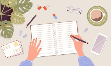 Açık günlük, planlayıcı ya da defter konsepti. Kadın günlük yazıyor. Listeleri, hatırlatıcıları, programları ya da gündemleri olan üst düzey bir iş yeri. Planlama ve organizasyon. Çizgi film tarzında vektör illüstrasyonu