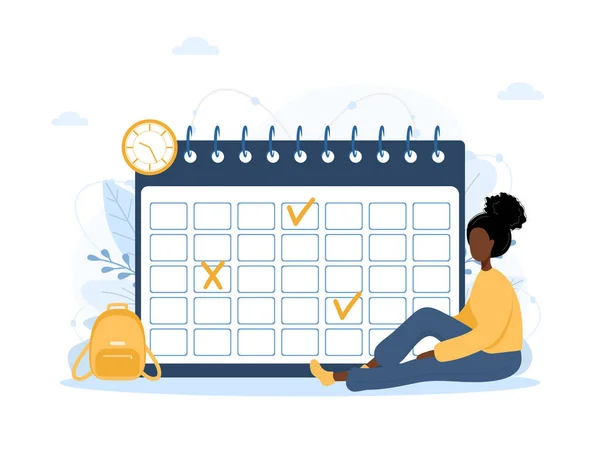 Month planning or to do list concept. African woman sitting near giant calendar. Task scheduling, work process organization. Vector illustration in flat cartoon style — Stock Vector