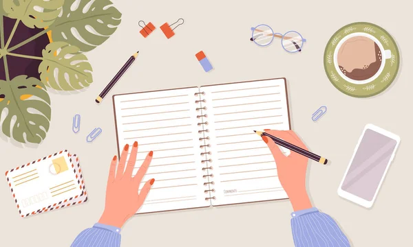 Açık günlük, planlayıcı ya da defter konsepti. Kadın günlük yazıyor. Listeleri, hatırlatıcıları, programları ya da gündemleri olan üst düzey bir iş yeri. Planlama ve organizasyon. Çizgi film tarzında vektör illüstrasyonu