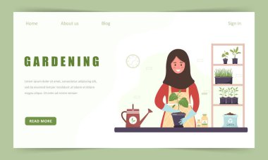 Bahçe işleri hobisi web sitesi iniş sayfası. İslami kadın, portakallı fideleri yeniden ekiyor. Çizgi film tarzında vektör illüstrasyonu. Yerli bitkiler çocuk yuvası ve bakım konsepti
