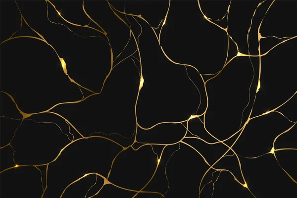 Siyah arka planda altın rengi kintsugi. Çatlak ve kırık efektler. Mermer dokusu. Duvar sanatı, duvar kağıdı, düğün kartı, sosyal medya için lüks tasarım. Modern vektör illüstrasyonu