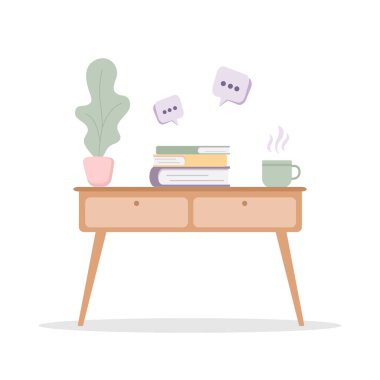 Masası ve kitapları olan rahat bir odanın içinde. Modern İskandinav kızlık zarı tarzında rahat mobilyalar. Çizgi film tarzında vektör illüstrasyonu