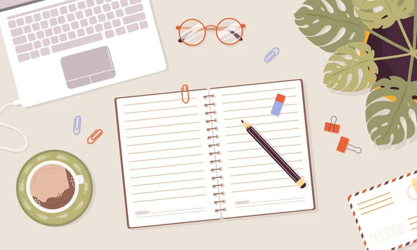 Açık günlük, planlayıcı ya da defter konsepti. Listeleri, hatırlatıcıları, programları ya da gündemleri olan üst düzey bir iş yeri. Etkili kişisel planlama ve organizasyon. Çizgi film tarzında vektör illüstrasyonu