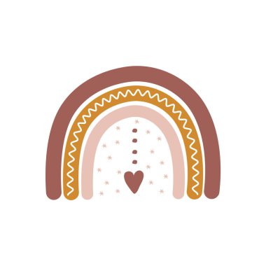 Boho tarzında gökkuşağı, yürekli. Tatiller için bohem çizimler. Duvar kağıdı ve ev dekorasyonu için İskandinav tasarımı. Farklı renkte modern vektör illüstrasyonu