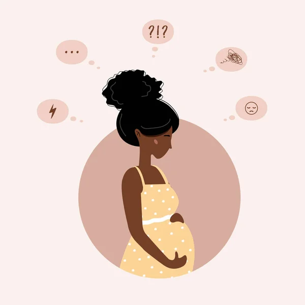 Triste femme enceinte doute. Fille africaine anxieuse a beaucoup de questions. La jeune mère a besoin d'aide psychologique. Soutien familial et aide à la grossesse. Illustration vectorielle en style dessin animé plat — Image vectorielle