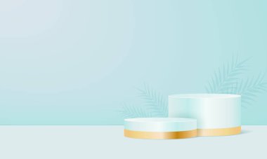 Naneli pastel arka planda gölgeli ürünler sergisi. Sunum yapmak ya da kozmetik ürünleri göstermek için soyut küçük sahne. Vektör gerçekçi podyum. 3d hazırlayıcı