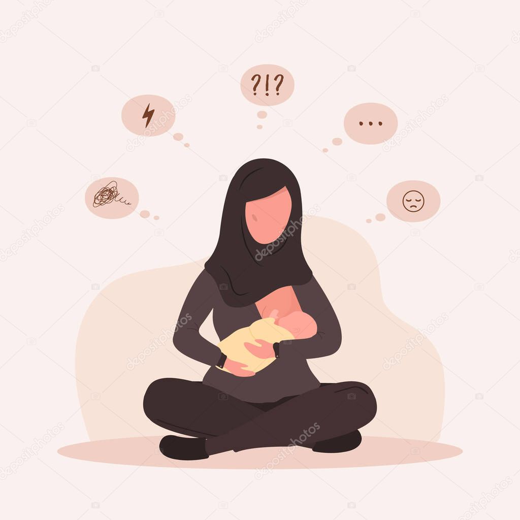 Breastfeeding problems and questions. Postpartum depression. Arab woman holding newborn baby. Young mother needs psychological help. The lactation consultant. Vector illustration in cartoon style