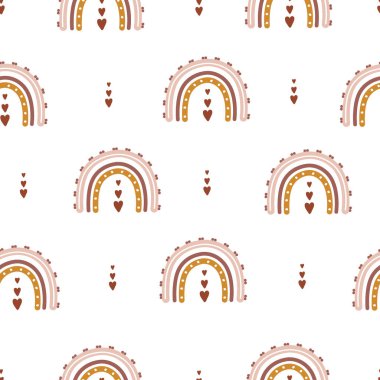 Soyut gökkuşağı ve kalplerle kusursuz bir desen. Duvar kağıdı ve ev dekorasyonu için çağdaş tasarım. Boho tarzında modern vektör illüstrasyonu