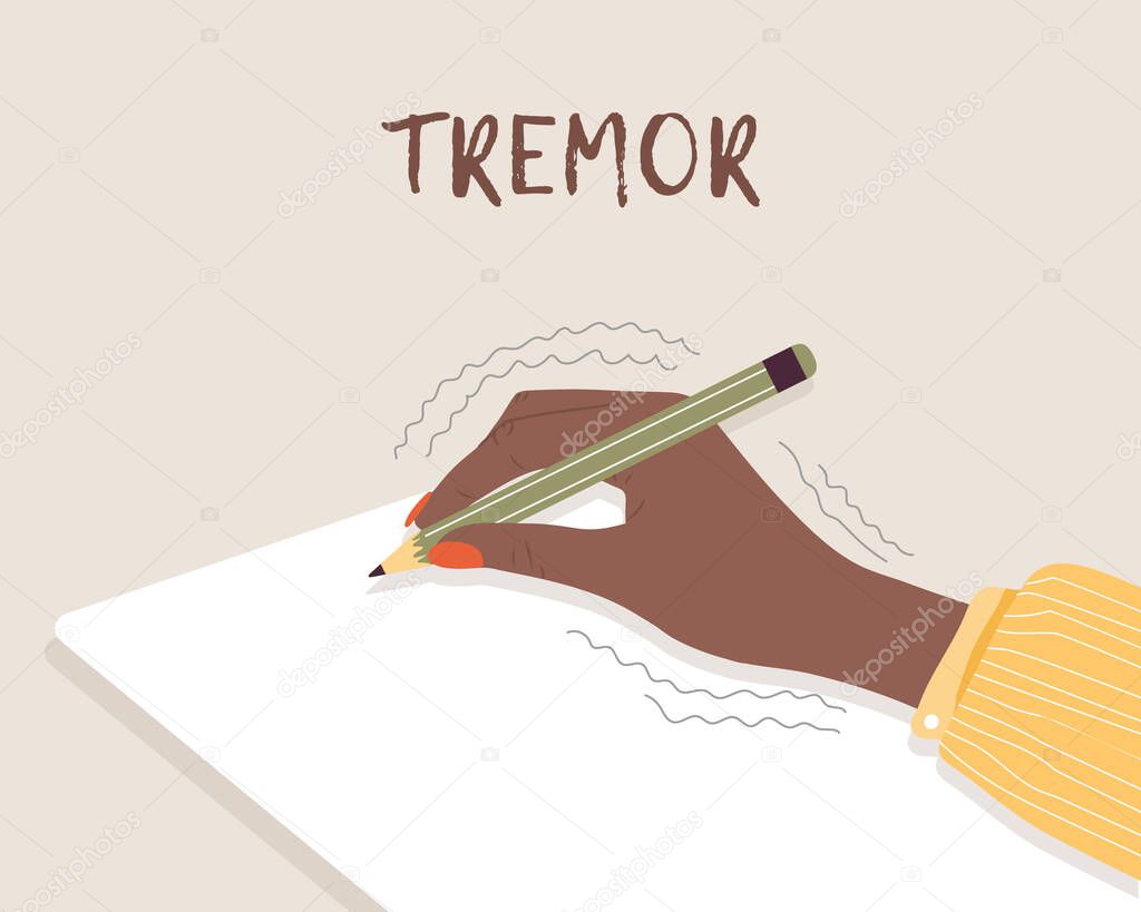 Tremor hands. Primary symptom Parkinson disease. Arms writing with a pen. Physiological stress symptoms. Vector illustration in flat cartoon style