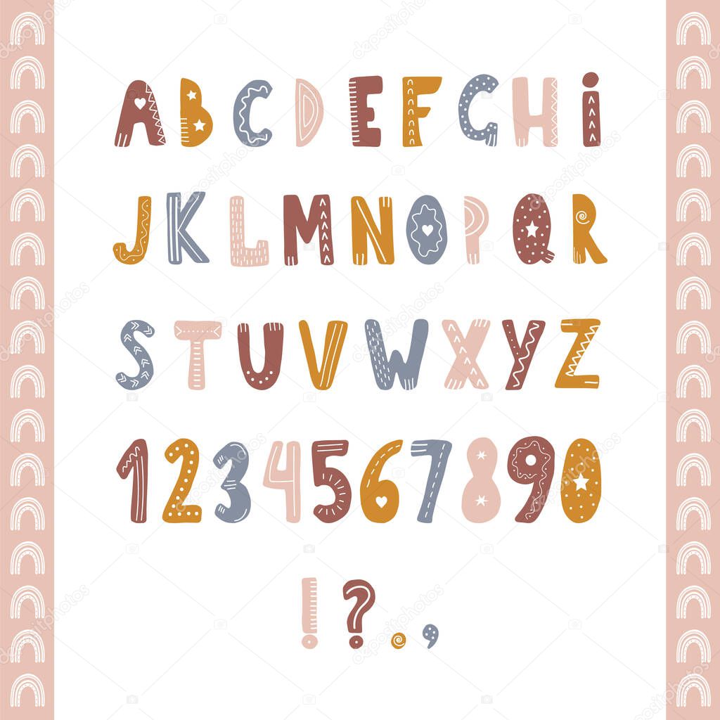 Hand drawn alphabet in boho style. Cute letters and numbers for banners, nursery design, postcards. Clipart isolated in white background. Vector illustration in flat cartoon style