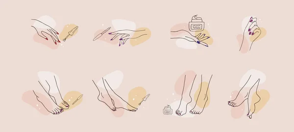 Kadın elleri ve ayakları. Manikür ve pedikür konsepti. Moda taslak biçiminde Vektör İllüstrasyonu. Web simgeleri, tırnak sanatları stüdyosu veya kaplıca salonu logosu için tasarım ögesi