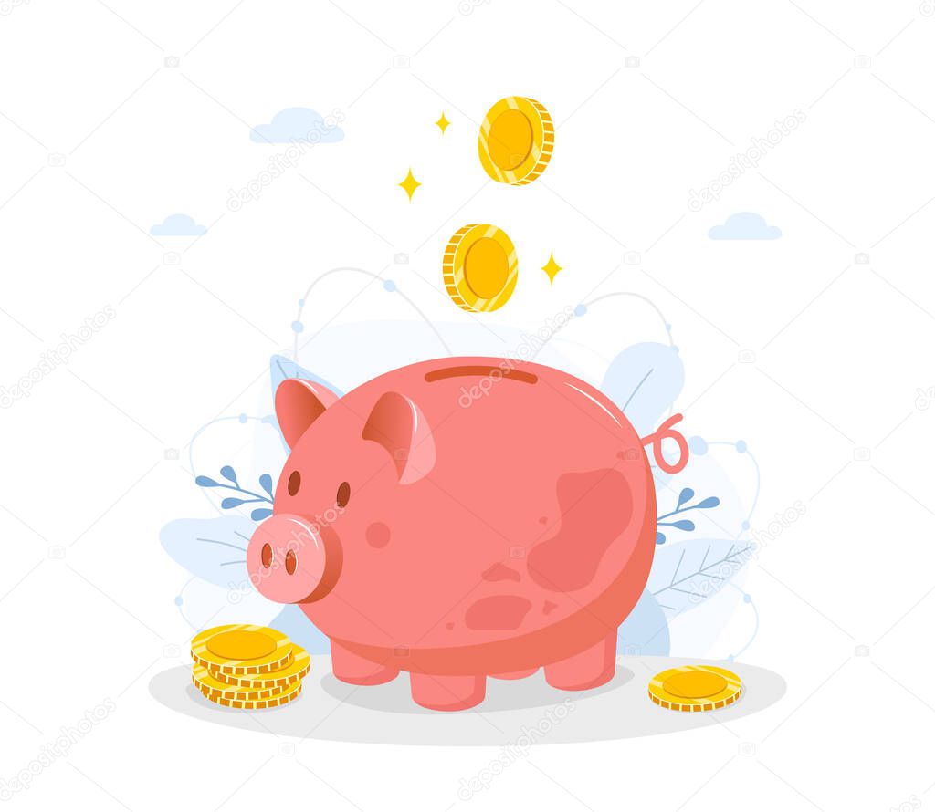 Piggy bank with falling coins. Save money concept. Investments in future. Financial symbol. Banking or business services. Vector illustration in flat cartoon style.