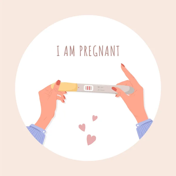 Ženská ruka drží pozitivní těhotenský nebo ovulační test. Jsem těhotná s textem. Plánovat dítě a mateřství. Vektorová ilustrace v plochém kresleném stylu — Stockový vektor
