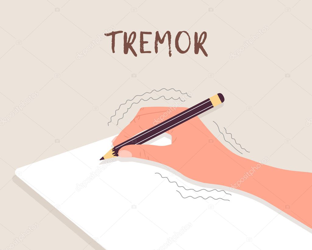 Tremor hands. Primary symptom Parkinson disease. Arms writing with a pen. Physiological stress symptoms. Vector illustration in flat cartoon style