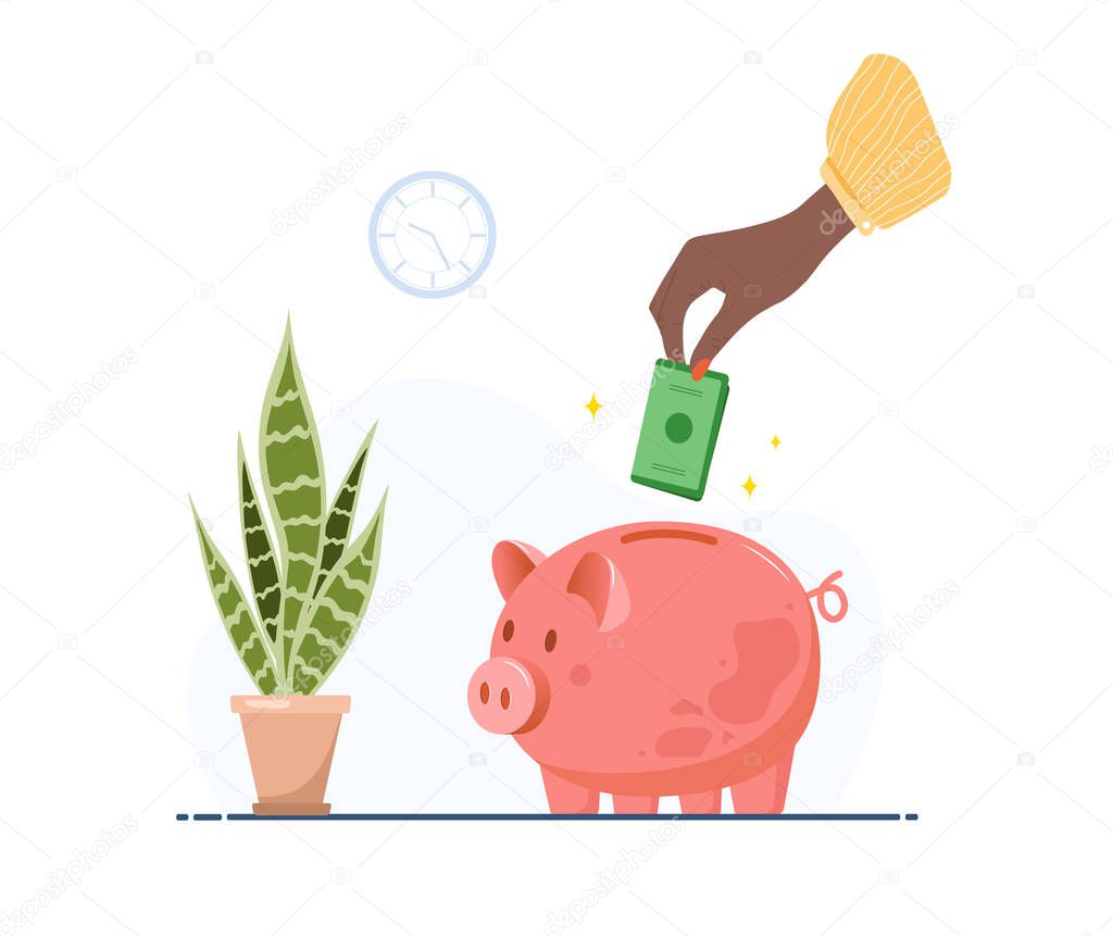 Piggy bank. African female hand puts banknotes in money box. Save money concept. Investments in future. Financial symbol. Banking or business services. Vector illustration in flat cartoon style.