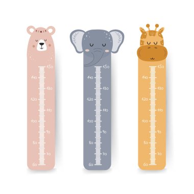 Kids height chart. Cute wall meter with boho animals. Vector template. Cartoon zoo. Design of children products in scandinavian style clipart