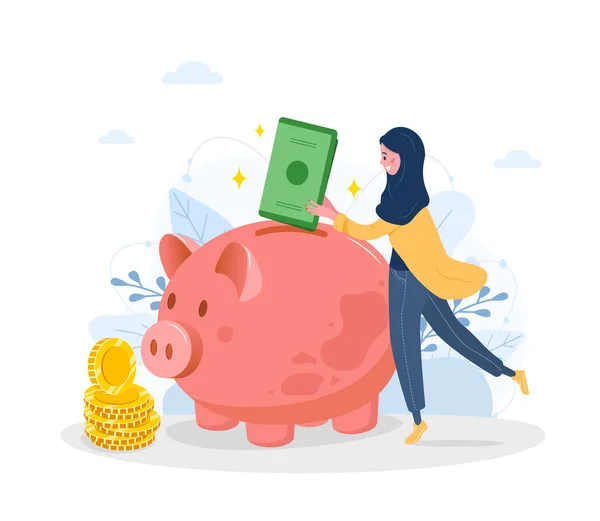Piggy bank. Happy arab woman puts green banknotes in money box. Save money concept. Investments in future. Financial symbol. Banking or business services. Vector illustration in flat cartoon style — Stock Vector