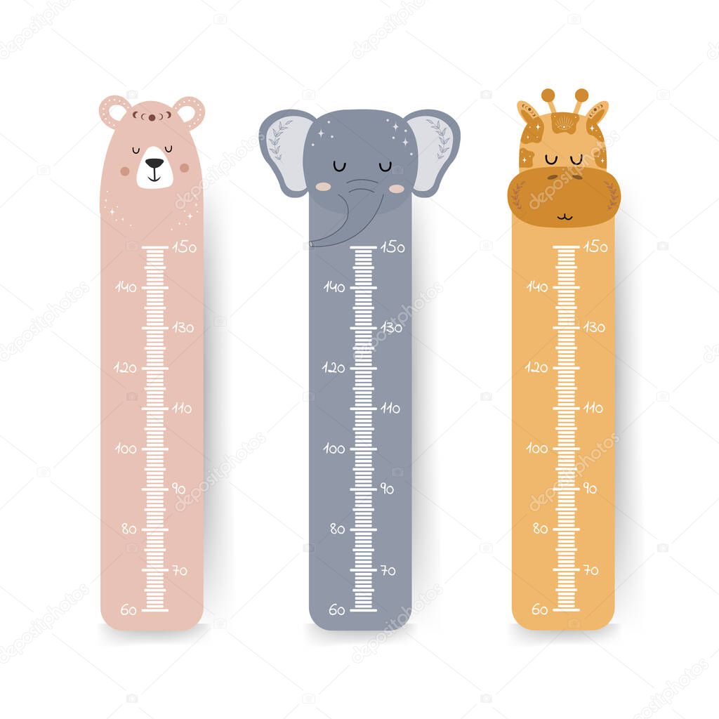 Kids height chart. Cute wall meter with boho animals. Vector template. Cartoon zoo. Design of children products in scandinavian style