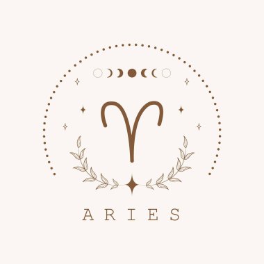 Koç burcu. Boho tarzında Zodiac işareti. Astrolojik simge beyaz arkaplanda izole edilmiş. Gizemli ve esrarengiz. Yıldız falı logosu çizimi. Ruhani tarot kartı.