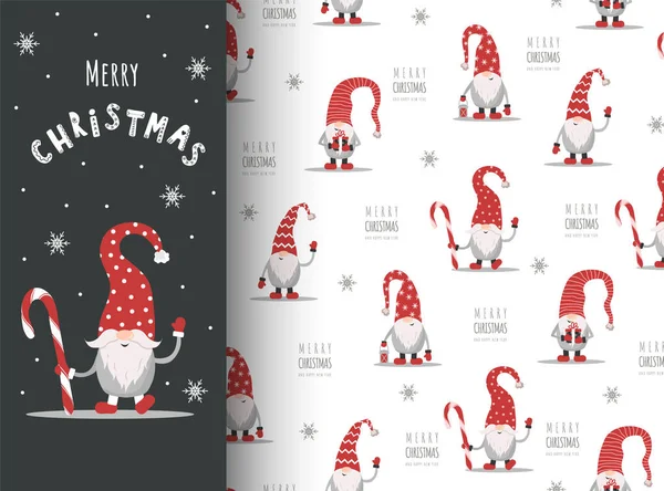 Christmas card with gnome in red hat. Cute scandinavian elves on seamless pattern. Vector illustration in cartoon style. New year design for wrapping paper, textiles, fabric — Stock Vector