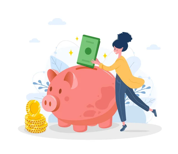 Hucha de cerdito. La mujer feliz pone billetes verdes en la caja de dinero. Ahorra dinero concepto. Inversiones en el futuro. Símbolo financiero. Servicios bancarios o empresariales. Ilustración vectorial en estilo plano de dibujos animados — Vector de stock