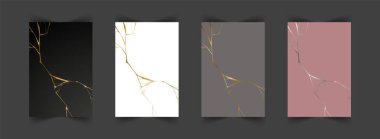 Set of gold kintsugi backgrounds. Crack and broken effects. Marble texture. Luxury design for wall art, wallpaper, wedding card, social media. Modern vector illustration clipart