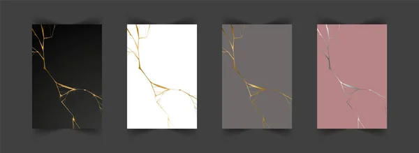 Bir dizi altın kintsugi geçmişi. Çatlak ve kırık efektler. Mermer dokusu. Duvar sanatı, duvar kağıdı, düğün kartı, sosyal medya için lüks tasarım. Modern vektör illüstrasyonu