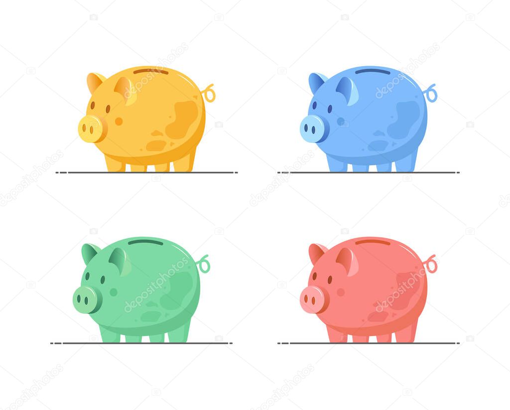 Set of colorful piggy banks. Financial symbol. Save money concept. Investments in future. Banking or business services. Vector illustration in flat cartoon style.