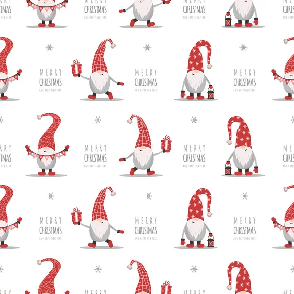 Christmas pattern with gnomes in red hats. Cute scandinavian elves. Vector illustration in cartoon style. New year design for wrapping paper, textiles, fabric — Stock Vector