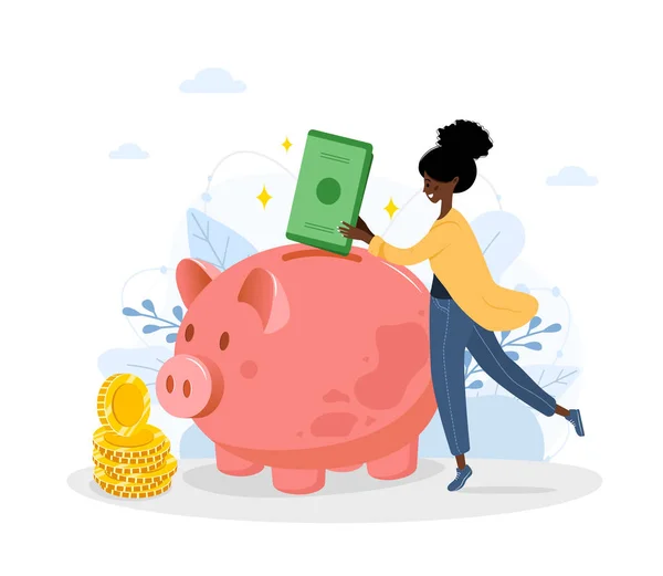 Hucha de cerdito. La mujer africana feliz pone billetes verdes en la caja del dinero. Ahorra dinero concepto. Inversiones en el futuro. Símbolo financiero. Servicios bancarios o empresariales. Ilustración vectorial en estilo plano de dibujos animados — Archivo Imágenes Vectoriales