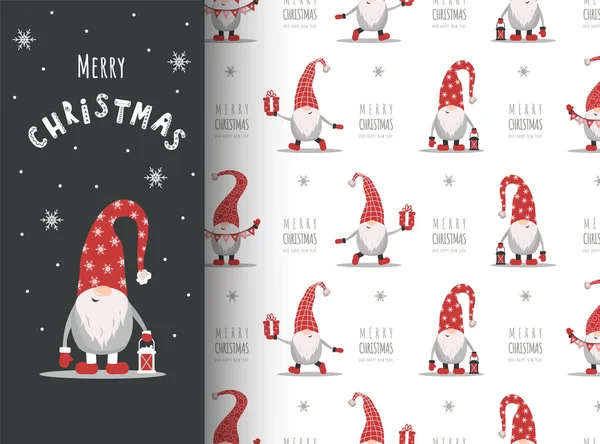 Christmas card with gnome in red hat. Cute scandinavian elves on seamless pattern. Vector illustration in cartoon style. New year design for wrapping paper, textiles, fabric — Stock Vector