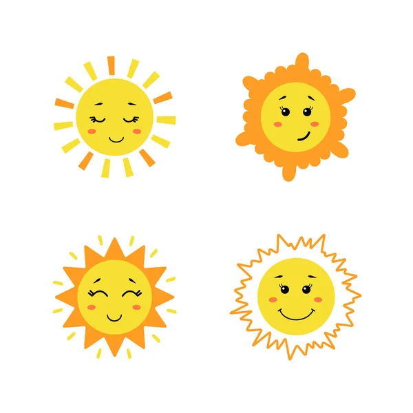 Conjunto de sol bonito desenhado à mão. Sóis engraçados amarelos com diferentes emoções isoladas no fundo branco. Ilustração infantil vetorial em estilo de desenho animado plano — Vetor de Stock