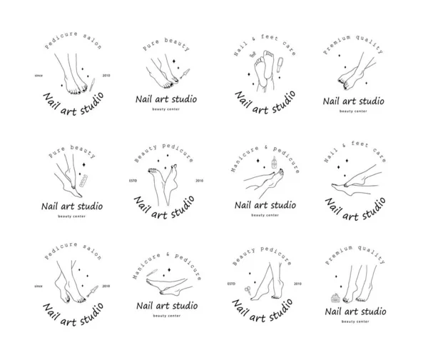 Décrivez les pieds féminins. Ensemble de logotype pour studio de nail art. Concept de soins des pieds. Design moderne pour la manucure et pédicure salon de beauté et centre de spa. Illustration vectorielle isolée sur fond blanc — Image vectorielle