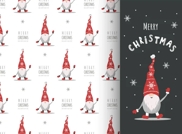 Christmas card with gnome in red hat. Cute scandinavian elves on seamless pattern. Vector illustration in cartoon style. New year design for wrapping paper, textiles, fabric — Stock Vector