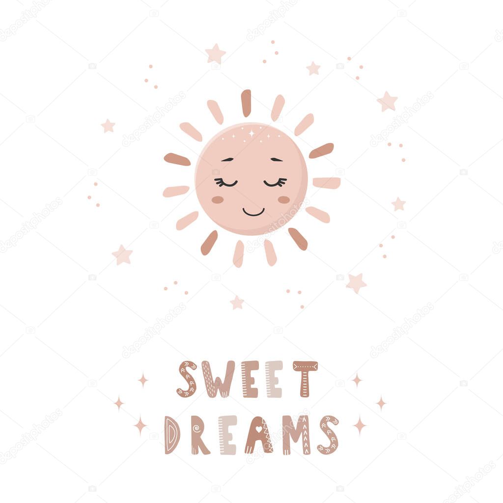 Cute hand drawn sun in boho style. Sweet dreams. Bohemian illustrations for holidays. Scandinavian design for wallpaper and home decor. Modern vector illustration in different color