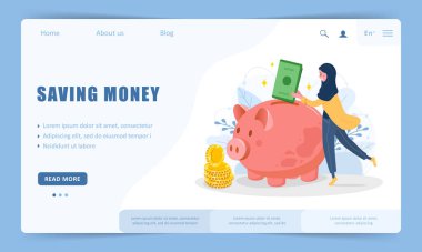 Para biriktirme kavramı. İniş sayfası şablonu. Arap kadın kumbaraya para koyuyor. Gelecekteki yatırımlar. Finansal sembol. Bankacılık ya da iş hizmetleri. Çizgi film tarzında vektör illüstrasyonu