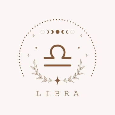 Terazi. Boho tarzında Zodiac işareti. Astrolojik simge beyaz arkaplanda izole edilmiş. Gizemli ve esrarengiz. Yıldız falı logosu çizimi. Ruhani tarot kartı.