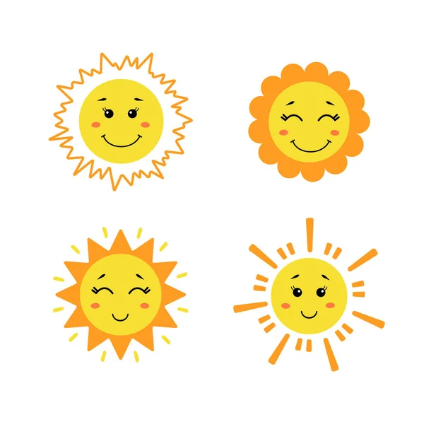 Conjunto de sol bonito desenhado à mão. Sóis engraçados amarelos com diferentes emoções isoladas no fundo branco. Ilustração infantil vetorial em estilo de desenho animado plano — Vetor de Stock