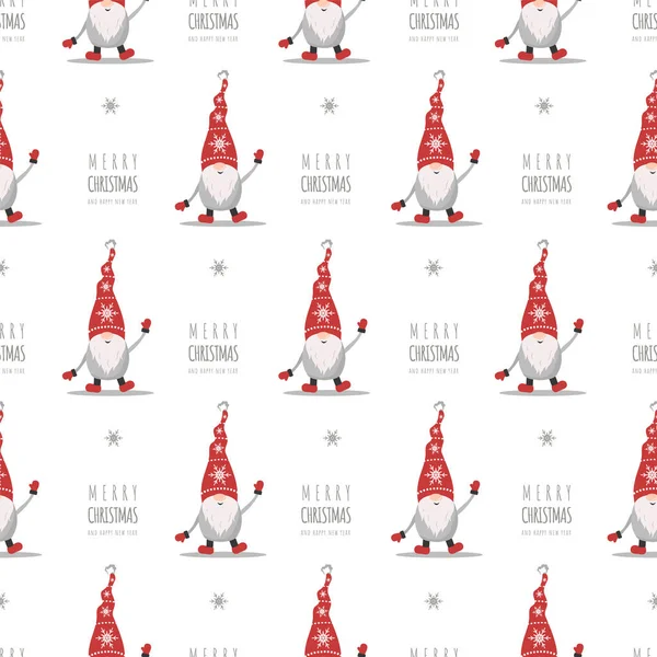 Kırmızı şapkalı cücelerle Noel şablonu. Şirin İskandinav elfleri. Çizgi film tarzında vektör illüstrasyonu. Paket kağıdı, tekstil ve kumaş için yeni yıl tasarımı — Stok Vektör