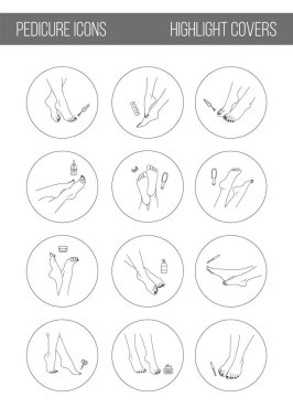 Kadın pedikürlü ayak. Sosyal medya için vurgulama kapakları. Ayak bakımı konsepti. Zarif kadın bacaklarının modaya uygun çizgi sanatı tarzında vektör illüstrasyonu. Manikür stüdyosu ya da kaplıca salonu için güzellik logosu