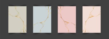 Bir dizi altın kintsugi geçmişi. Çatlak ve kırık efektler. Mermer dokusu. Duvar sanatı, duvar kağıdı, düğün kartı, sosyal medya için lüks tasarım. Modern vektör illüstrasyonu