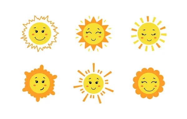 Conjunto de sol bonito desenhado à mão. Sóis engraçados amarelos com diferentes emoções isoladas no fundo branco. Ilustração infantil vetorial em estilo de desenho animado plano — Vetor de Stock